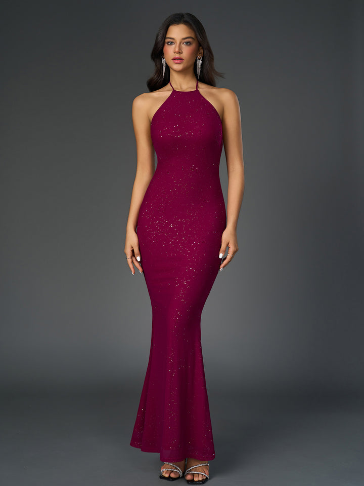 halter backless mesh sequin bodycon dress#color_wine