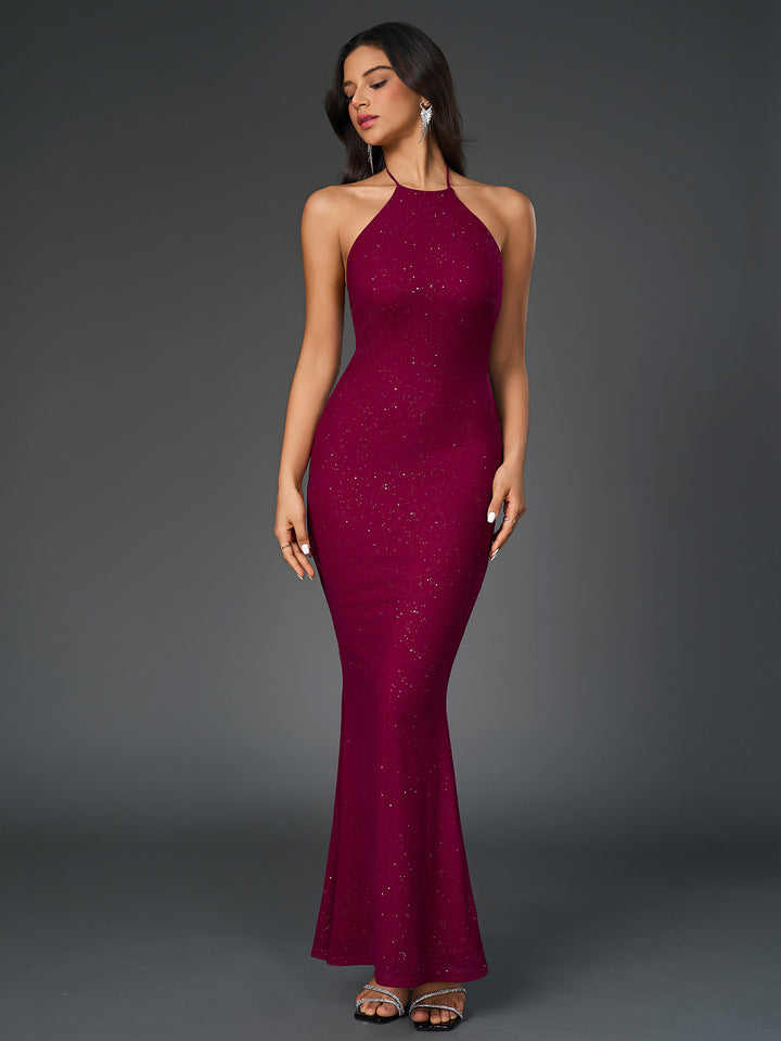 halter mesh sequin backless bodycon dress#color_wine