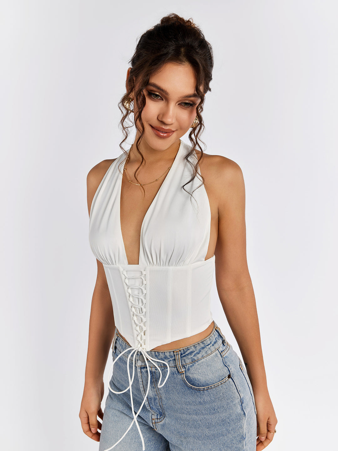 zipper back crisscross front halter top#color_white