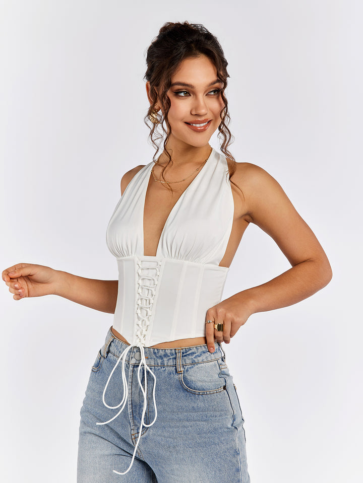 halter zipper back crisscross front top#color_white