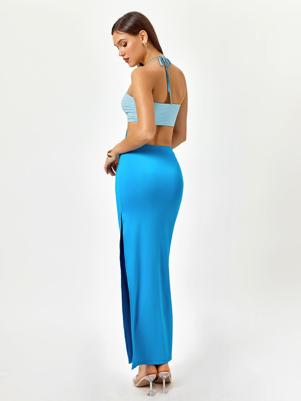 cut out halter color clash slit dress#color_blue