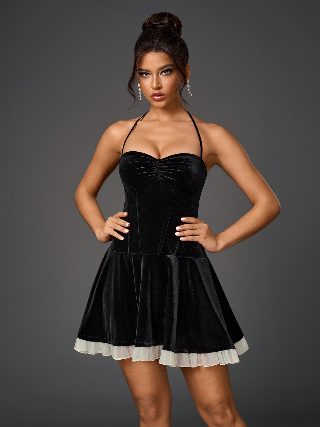 mesh trim ruched bust halter velvet dress#color_black