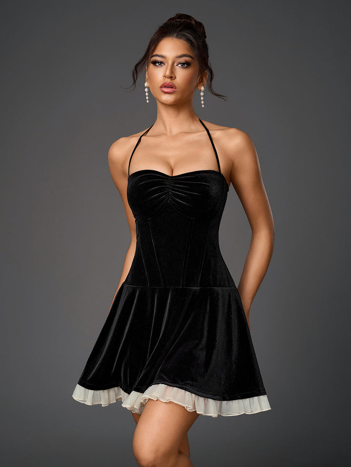 halter ruched bust mesh trim velvet dress#color_black