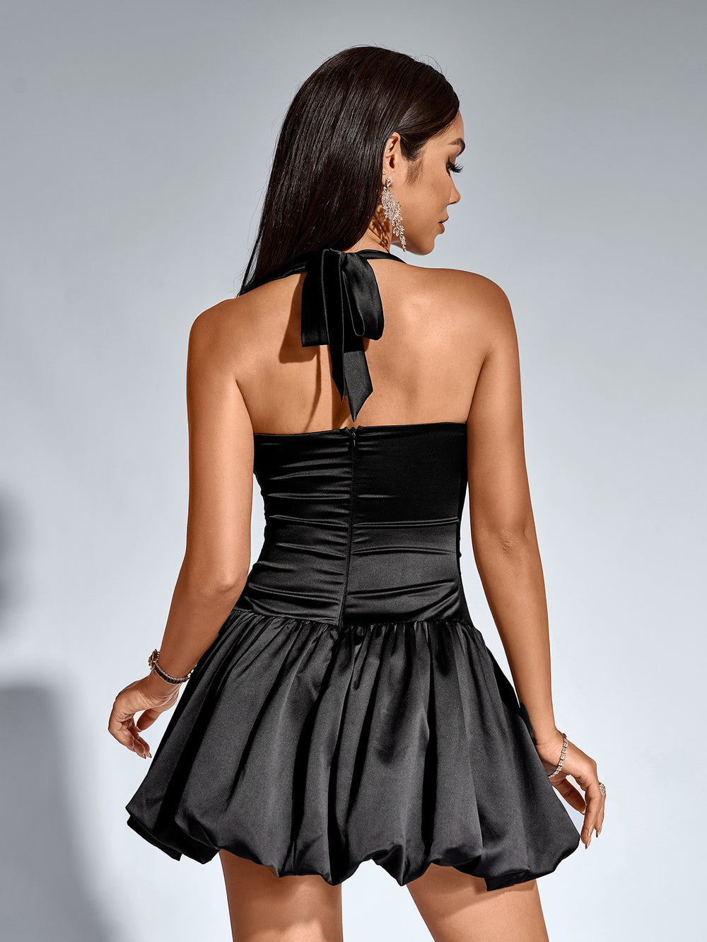 ruched halter pleated hem satin dress#color_black