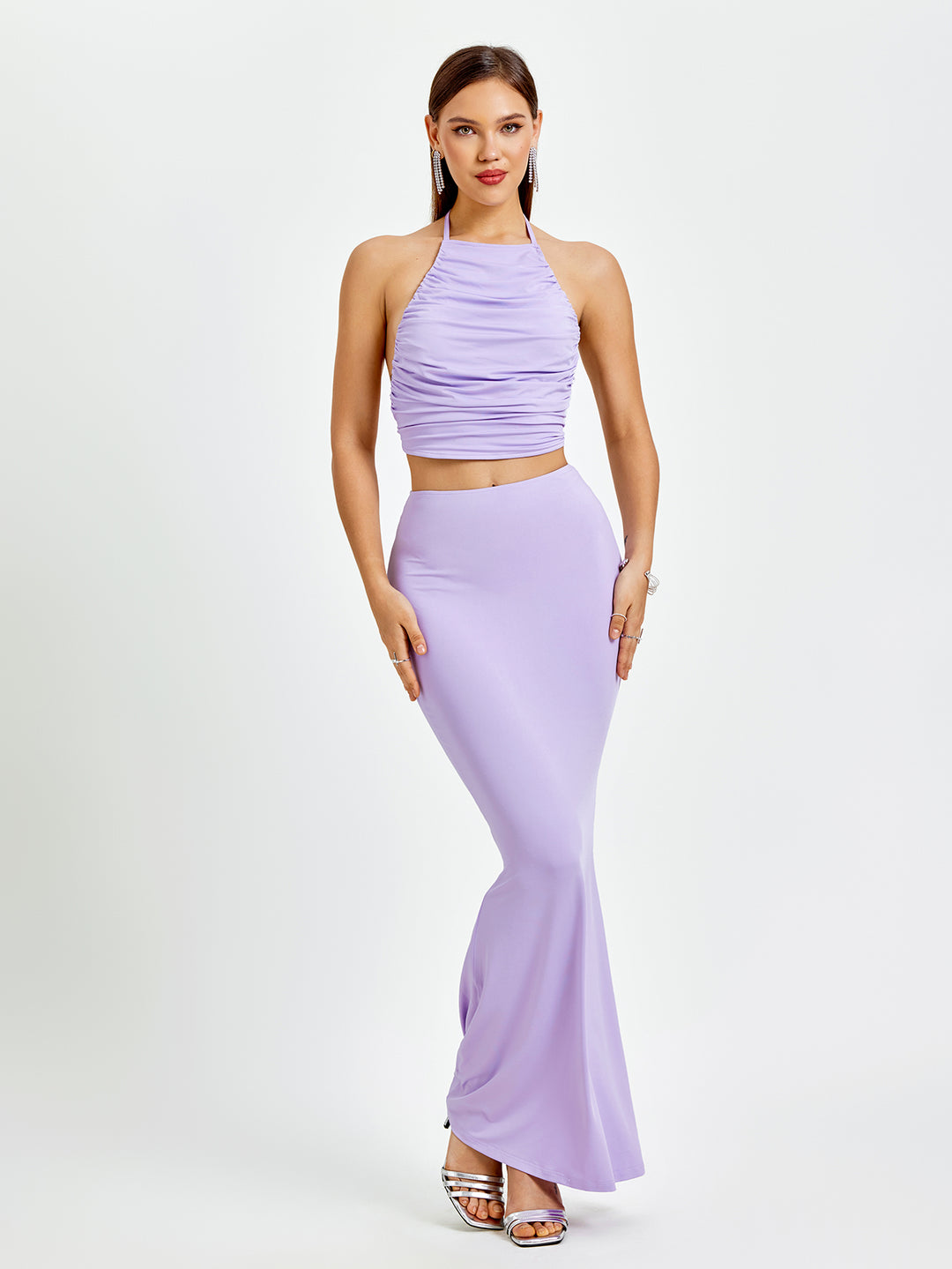 halter ruched tie back top&mermaid bodycon skirt#color_lilac