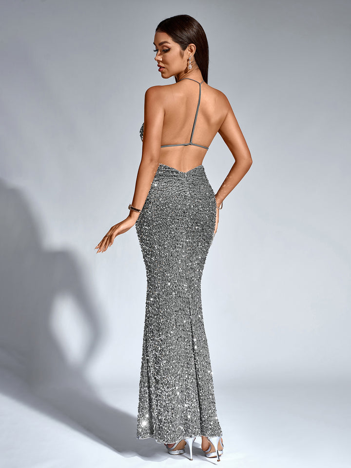 stereo flower halter sequin mermaid dress#color_grey