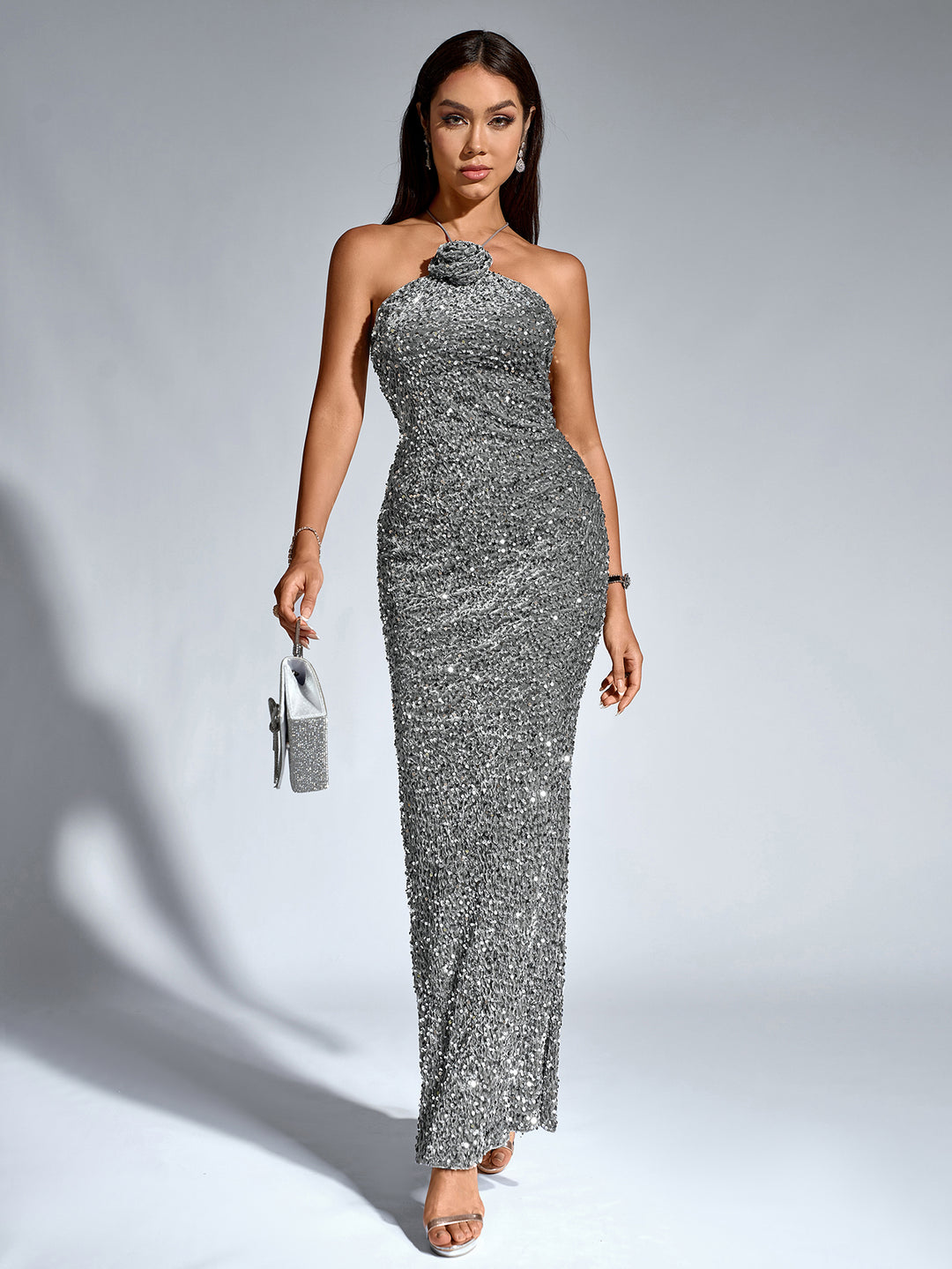 stereo flower sequin halter mermaid dress#color_grey