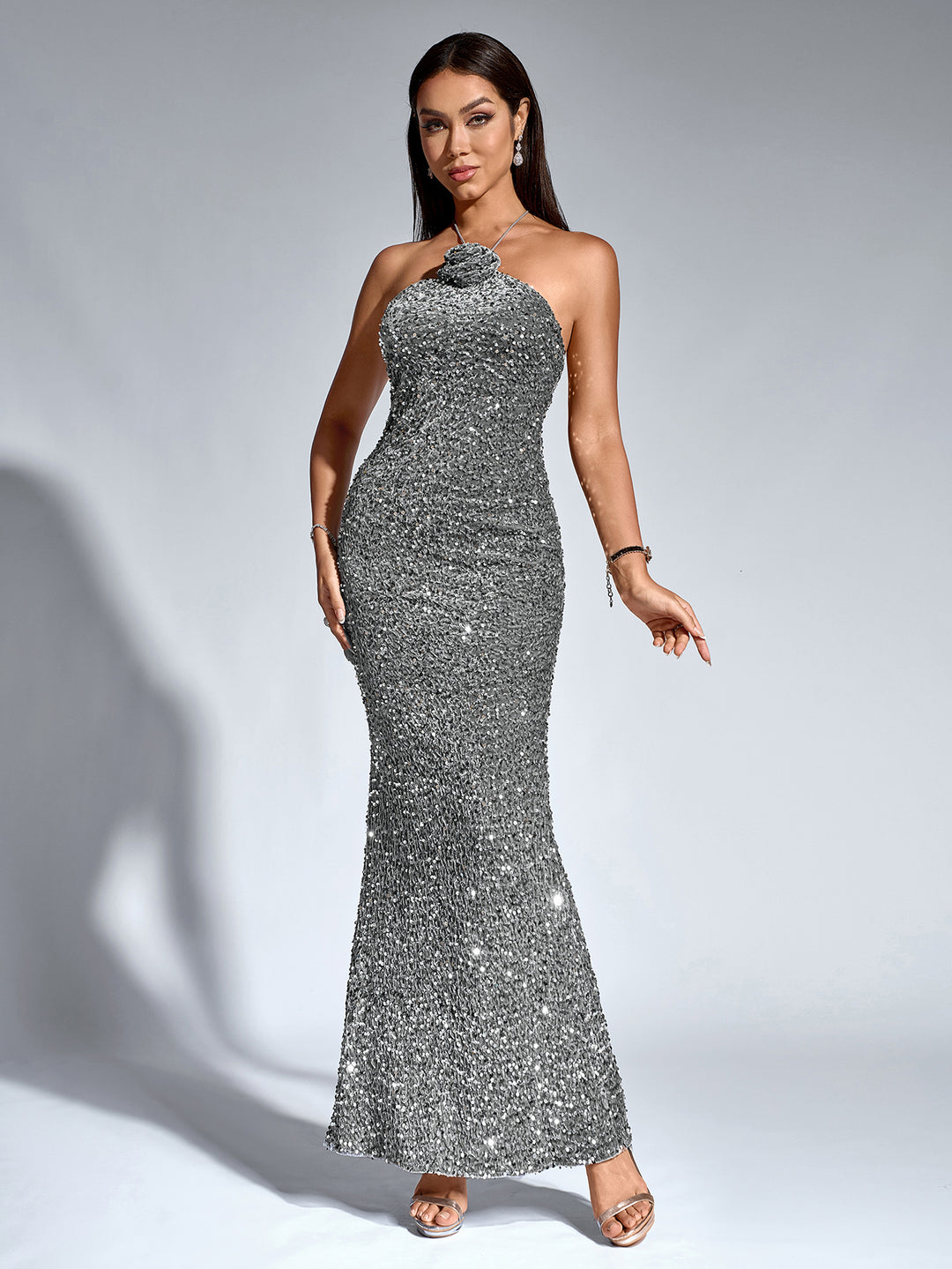 halter sequin stereo flower mermaid dress#color_grey