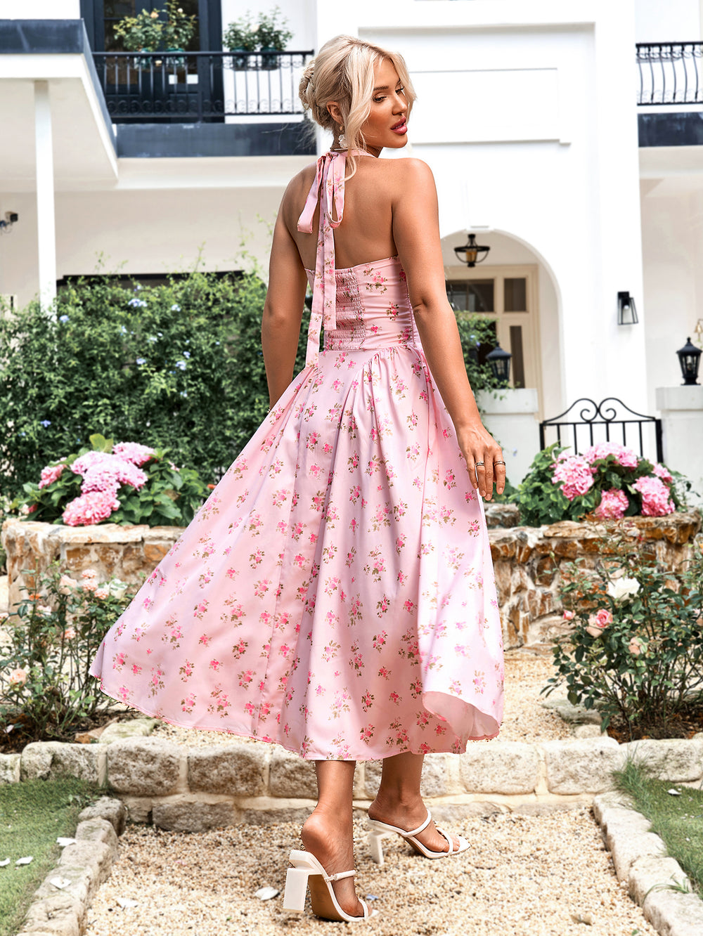 tie smocking halter floral print bodycon dress#color_pink