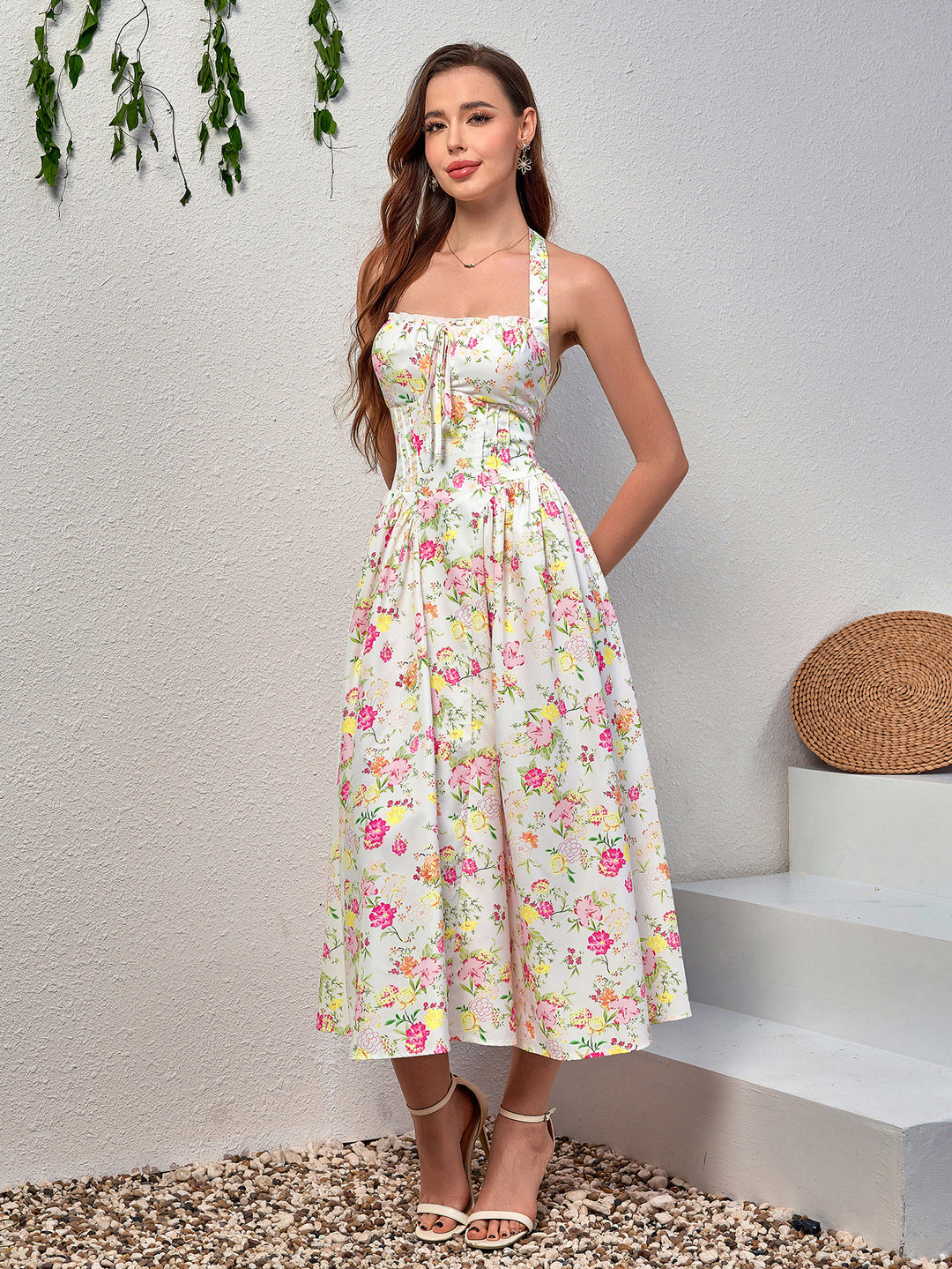 floral print tie smocking halter bodycon dress#color_white