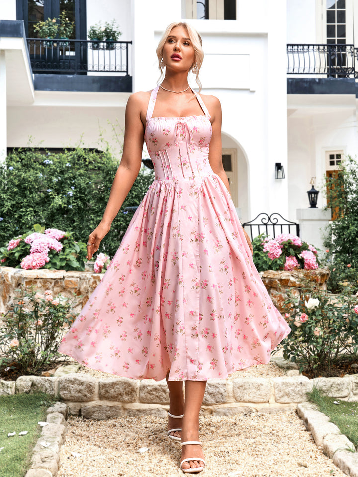 halter tie smocking floral print bodycon dress#color_pink