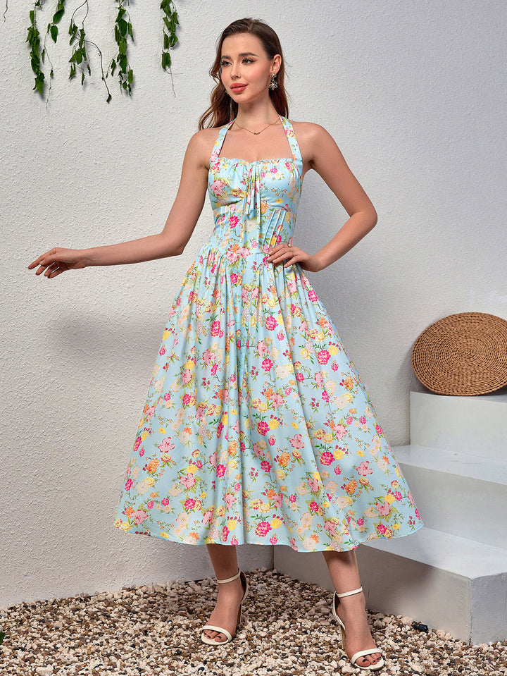 halter tie smocking floral print bodycon dress#color_blue