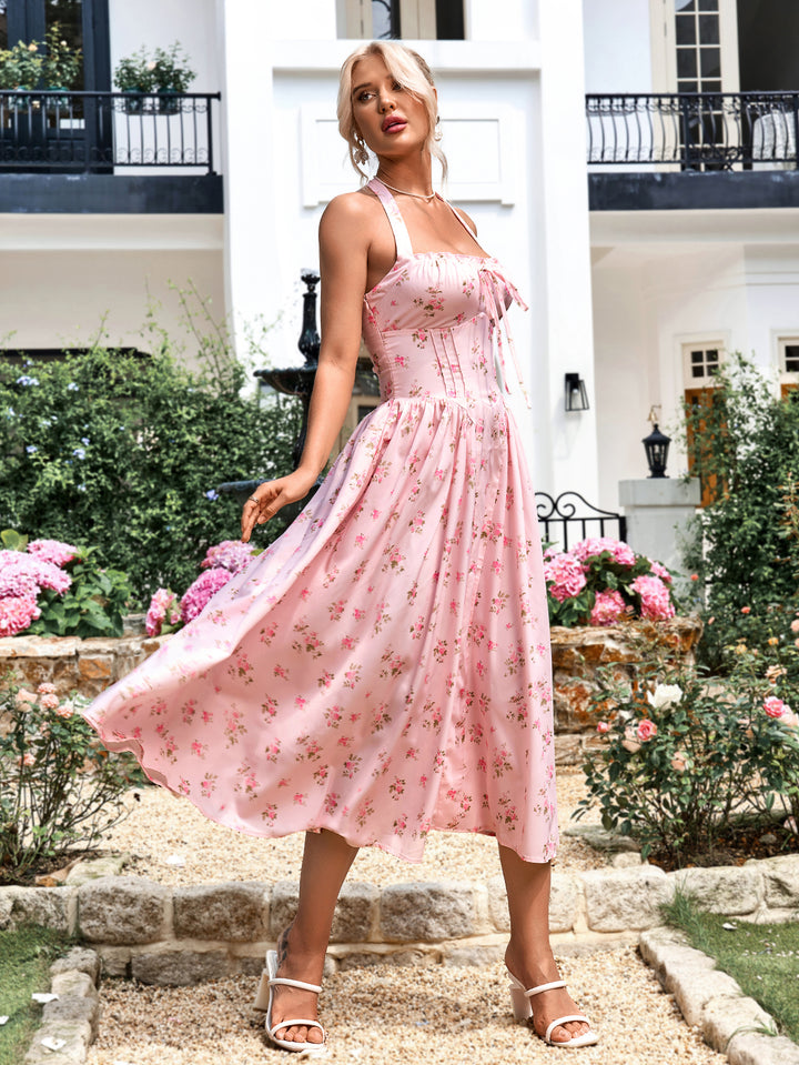 floral print halter tie smocking bodycon dress#color_pink