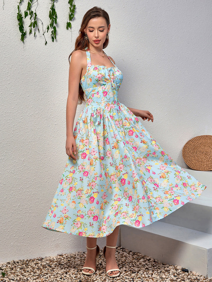 floral print halter tie smocking bodycon dress#color_blue