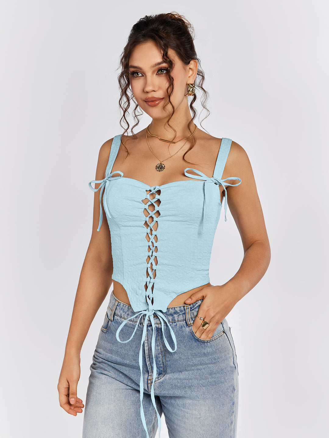 jacquard asymmetrical hem crisscross front top#color_blue