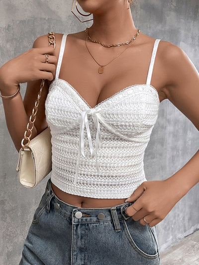 jacquard knitted lace trim crop top#color_white