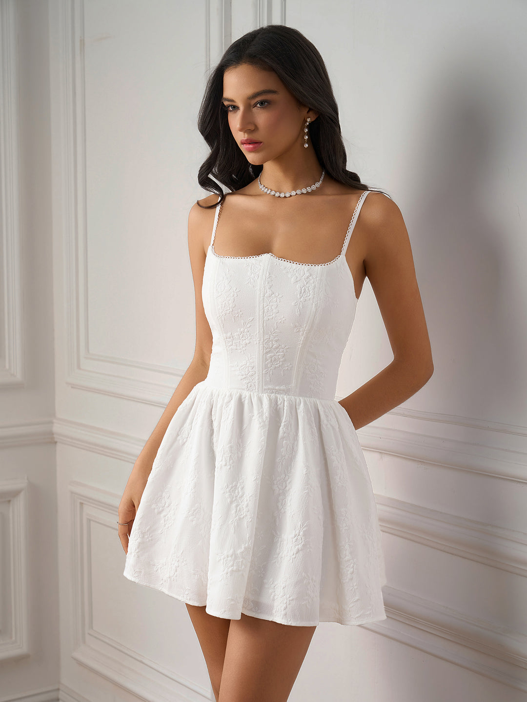 flared hem jacquard ruched back cami dress#color_white