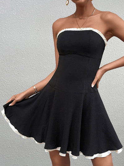 lace trim backless tube dress#color_black