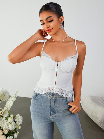 backless cut out lace trim crop top#color_white