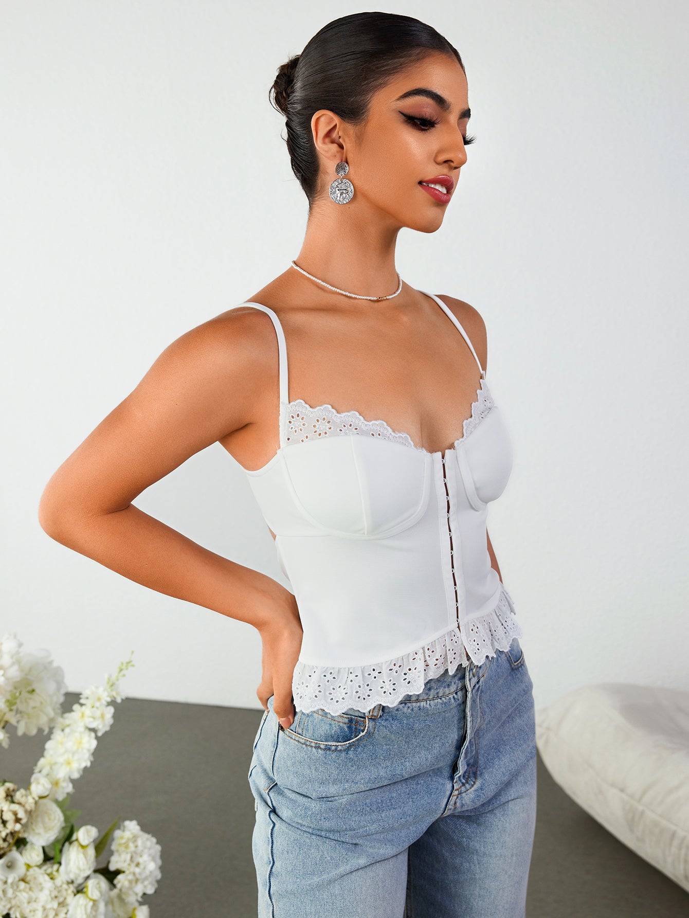 backless lace trim cut out crop top#color_white