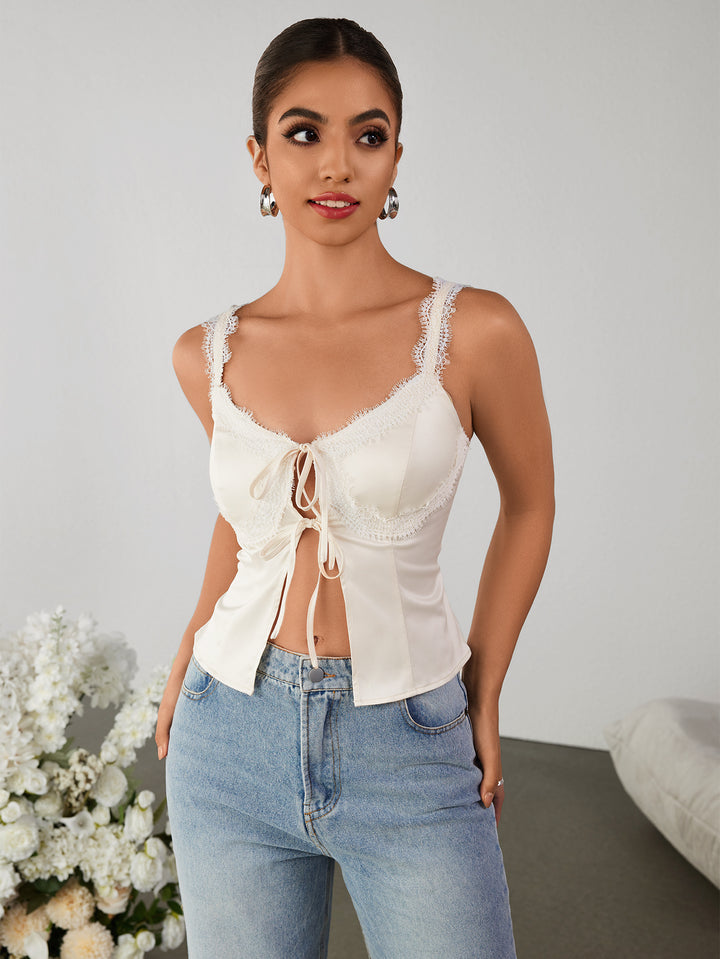 lace trim cut out tie front slit hem top#color_ivory