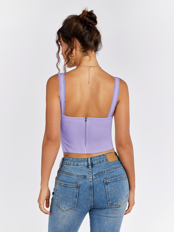 ruched bust lace trim tie front tank top#color_lilac