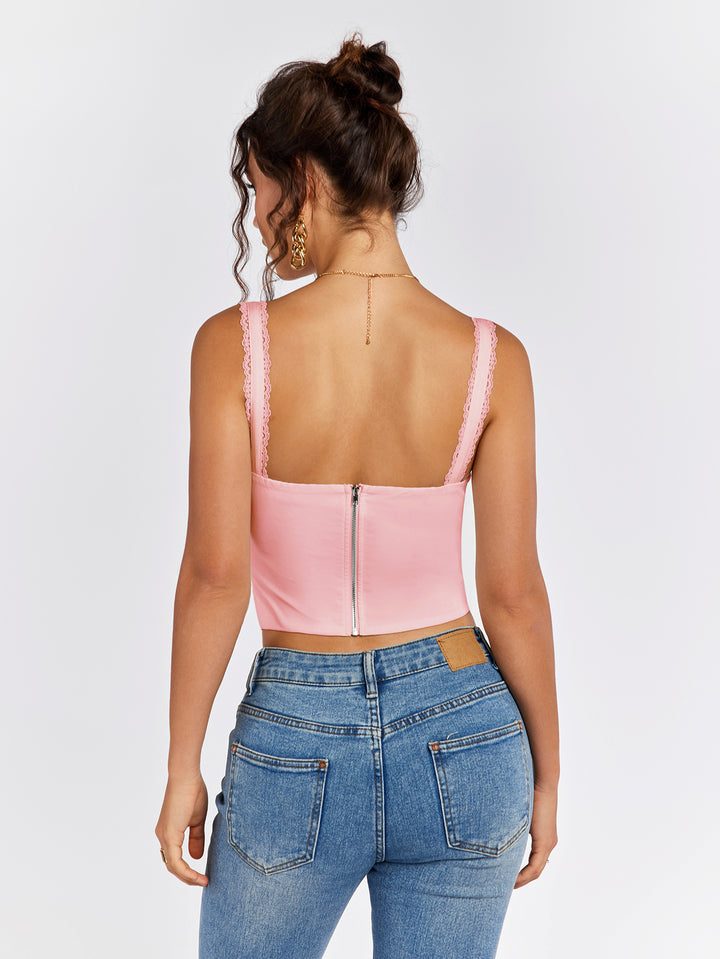 ruched bust lace trim tie front tank top#color_pink