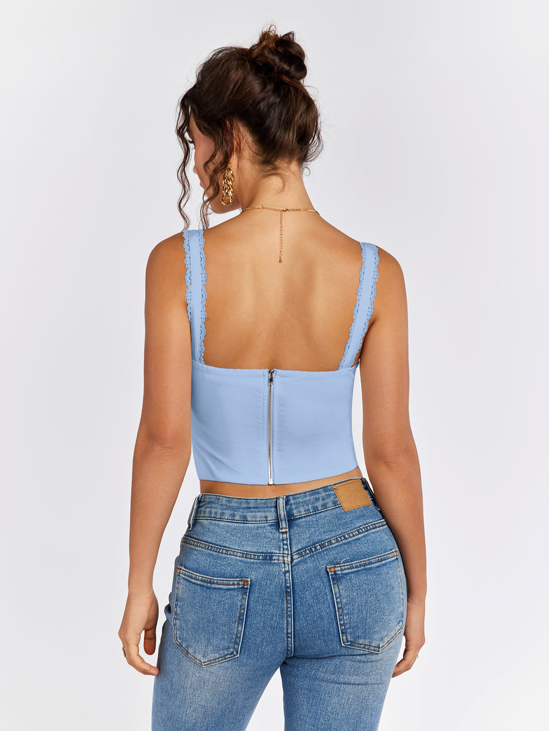 ruched bust lace trim tie front tank top#color_blue