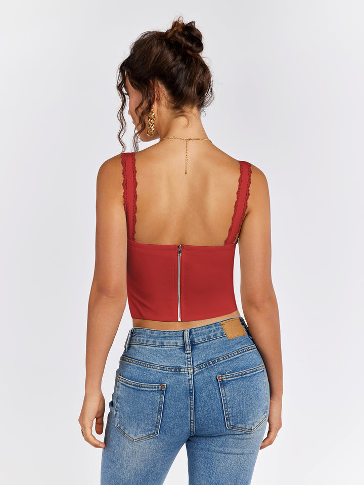 ruched bust lace trim tie front tank top#color_red