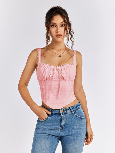 lace trim ruched bust tie front tank top#color_pink