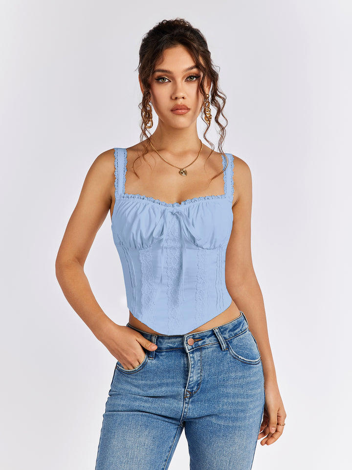 lace trim ruched bust tie front tank top#color_blue