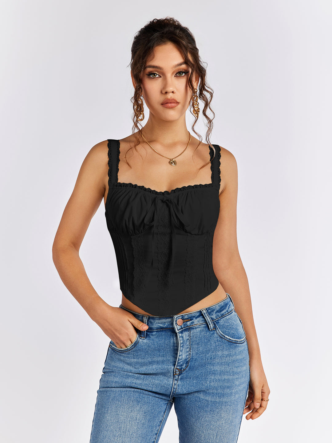 lace trim ruched bust tie front tank top#color_black