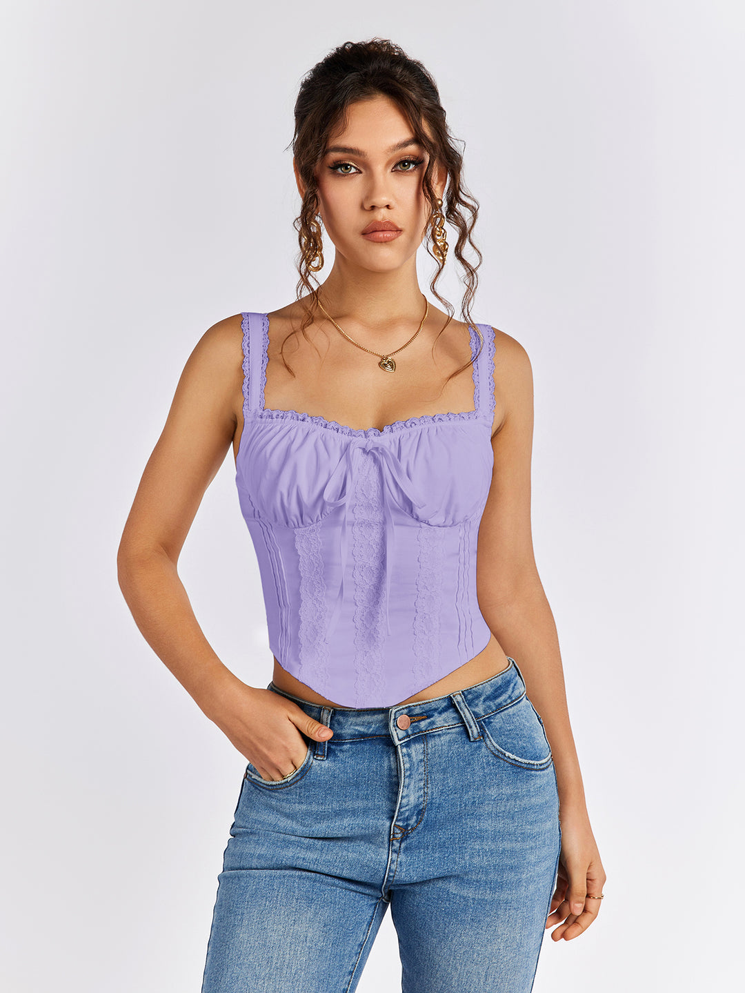 lace trim ruched bust tie front tank top#color_lilac