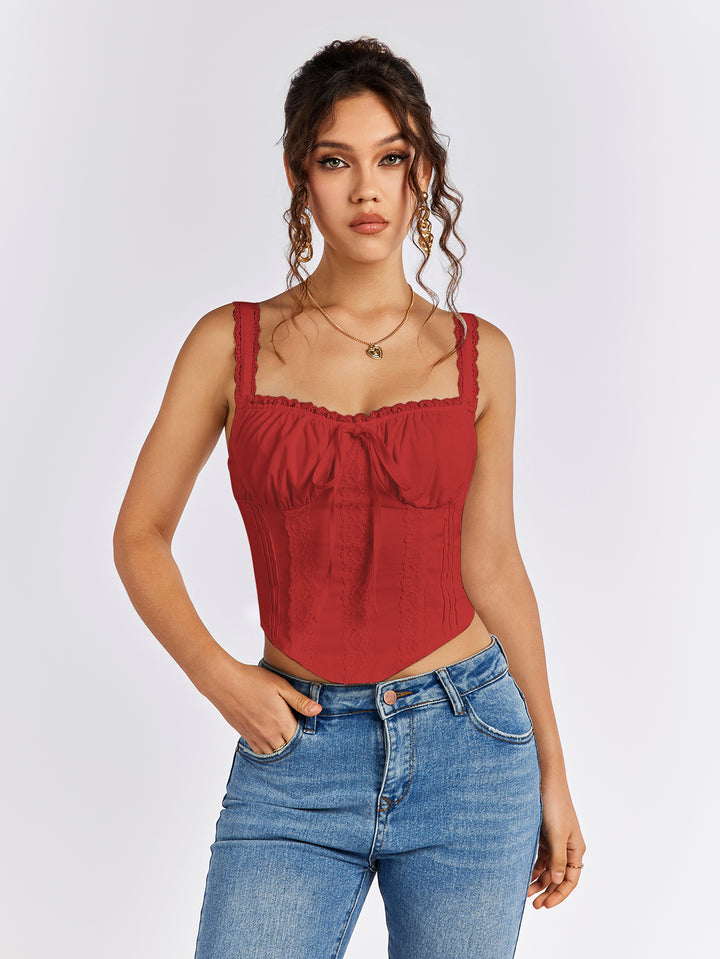 lace trim ruched bust tie front tank top#color_red