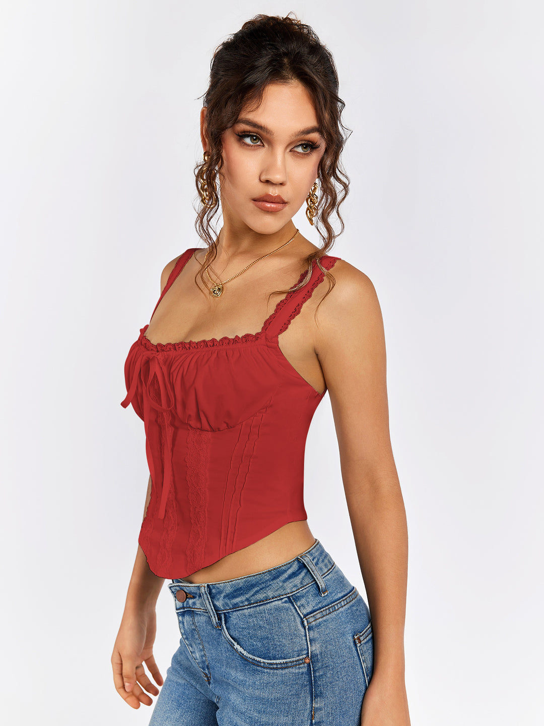 lace trim tie front ruched bust tank top#color_red