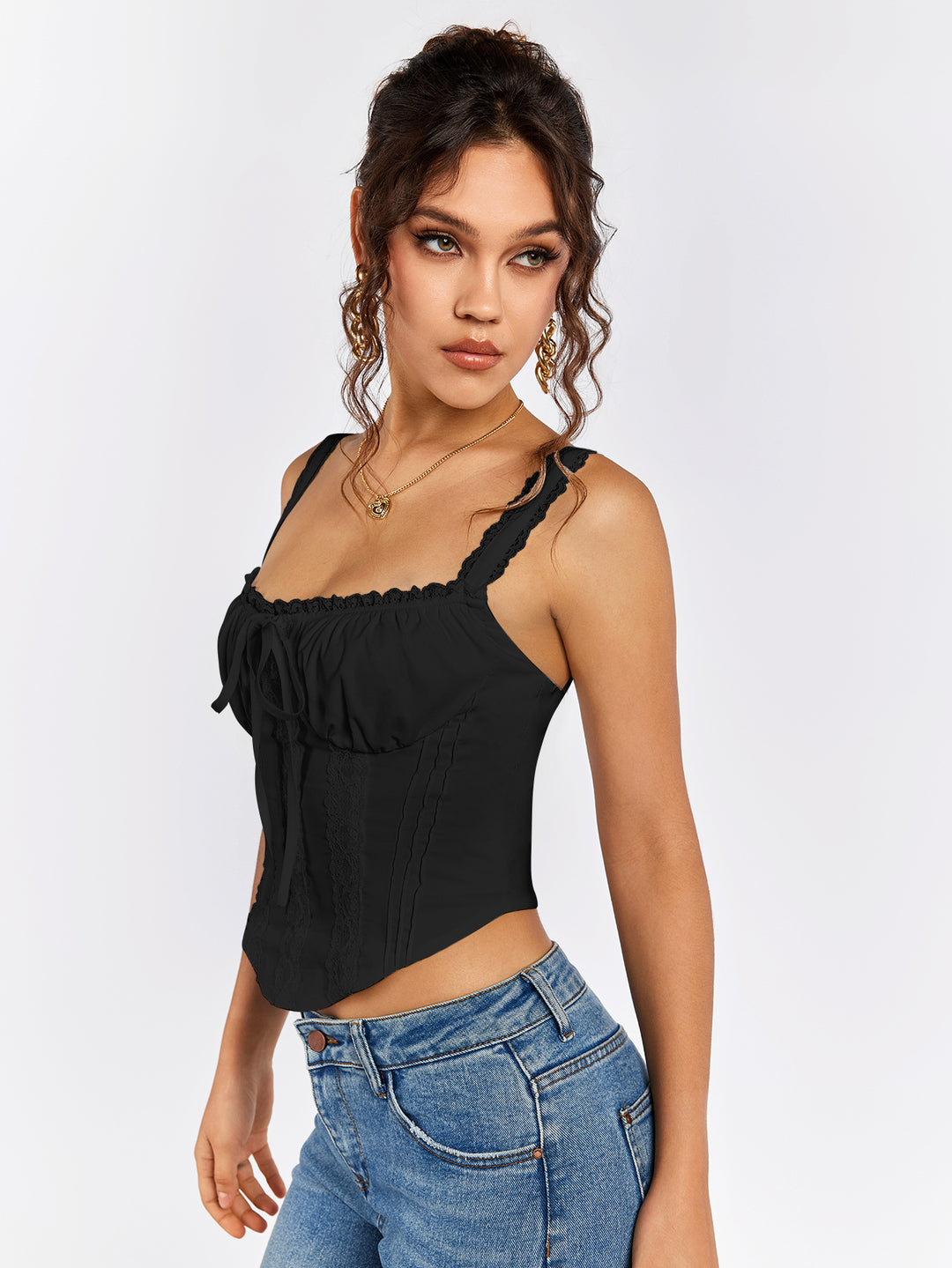 lace trim tie front ruched bust tank top#color_black