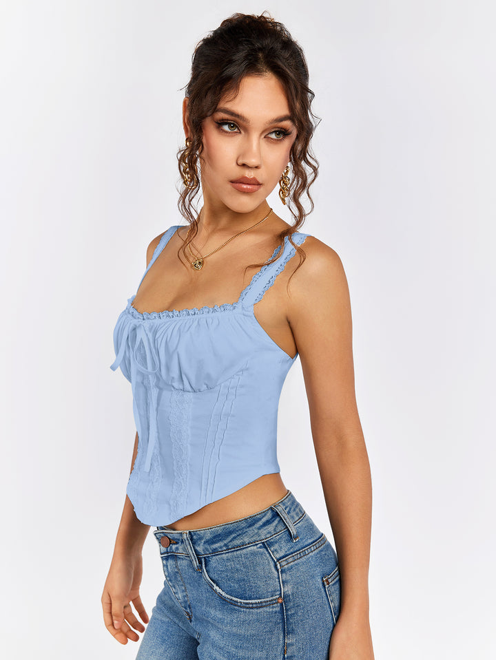 lace trim tie front ruched bust tank top#color_blue