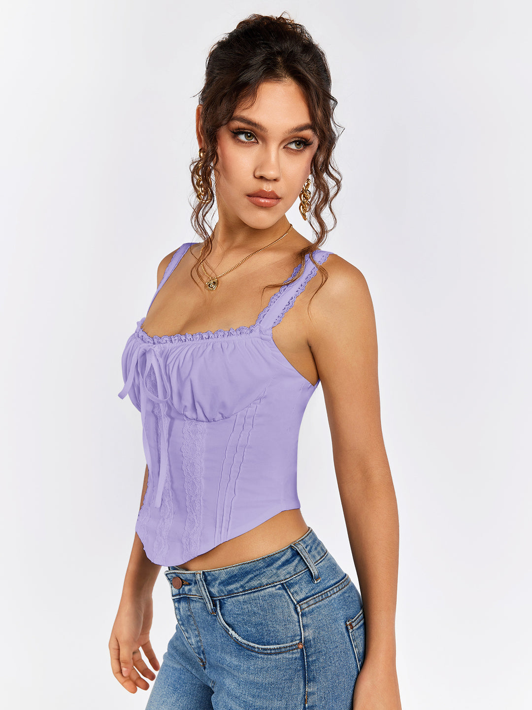 lace trim tie front ruched bust tank top#color_lilac