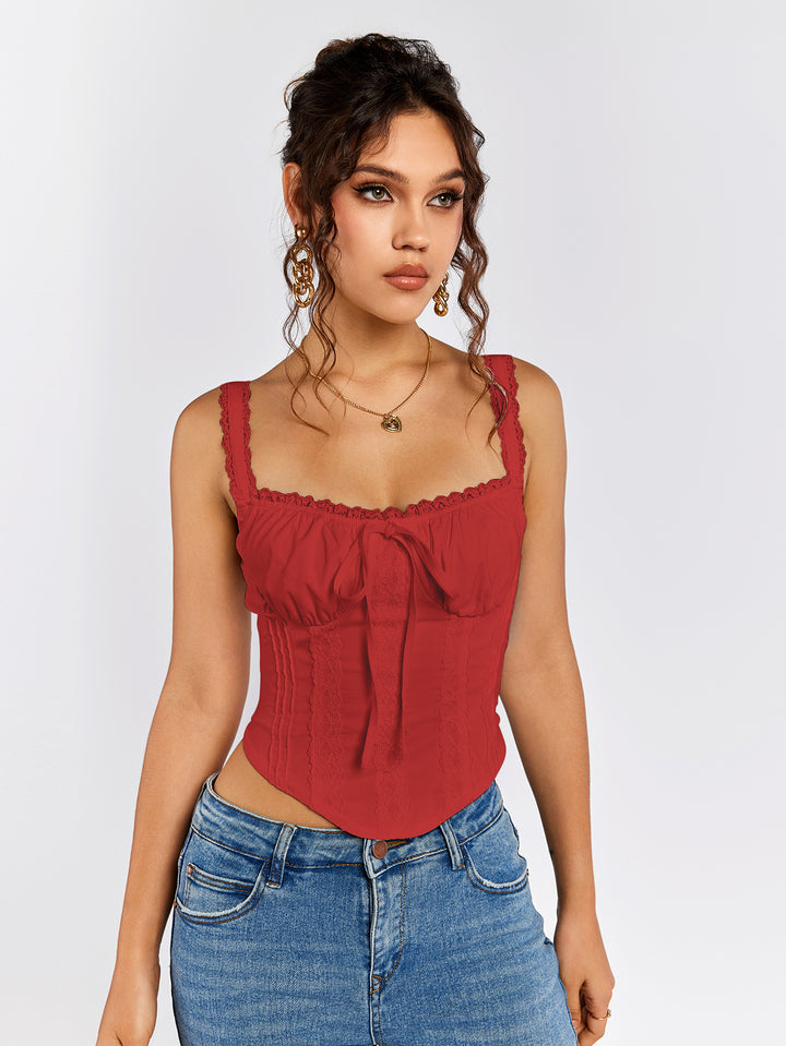 tie front lace trim ruched bust tank top#color_red