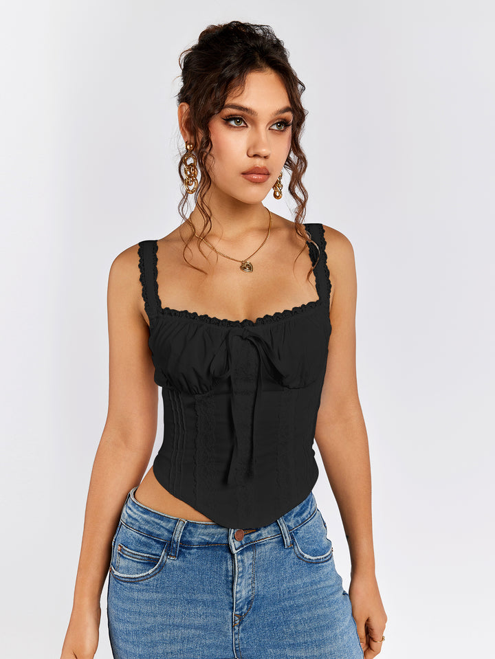 tie front lace trim ruched bust tank top#color_black