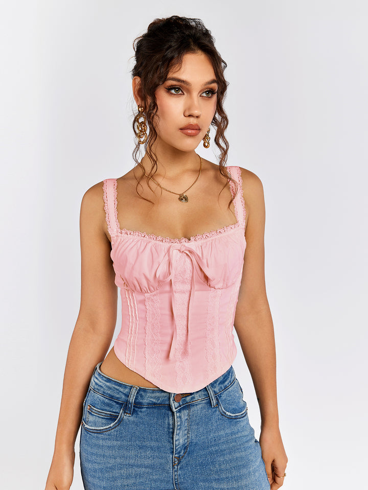 tie front lace trim ruched bust tank top#color_pink