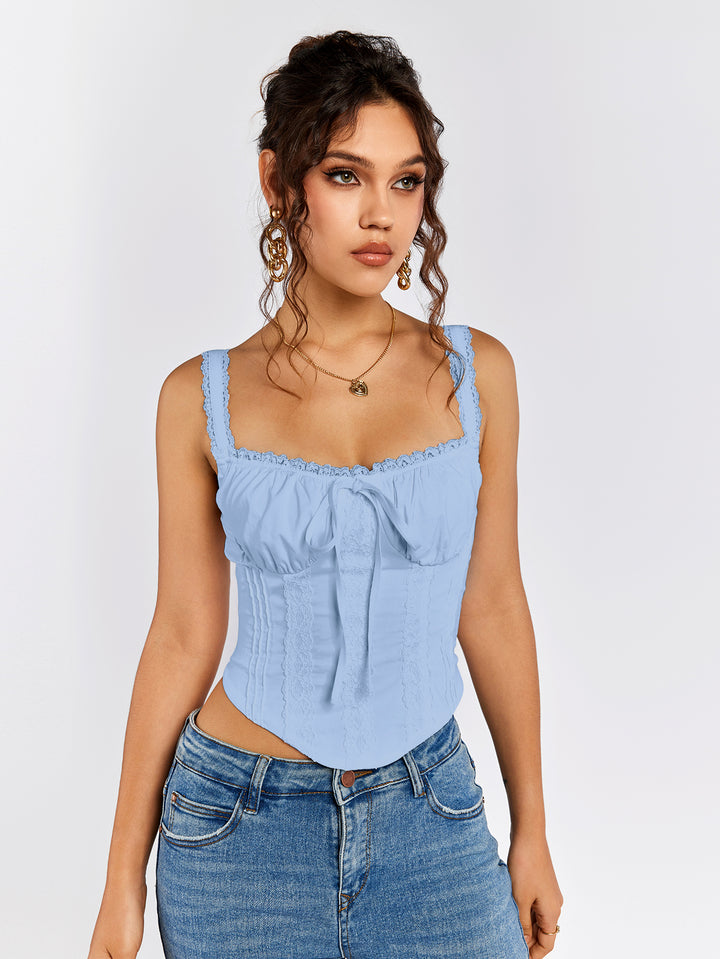 tie front lace trim ruched bust tank top#color_blue