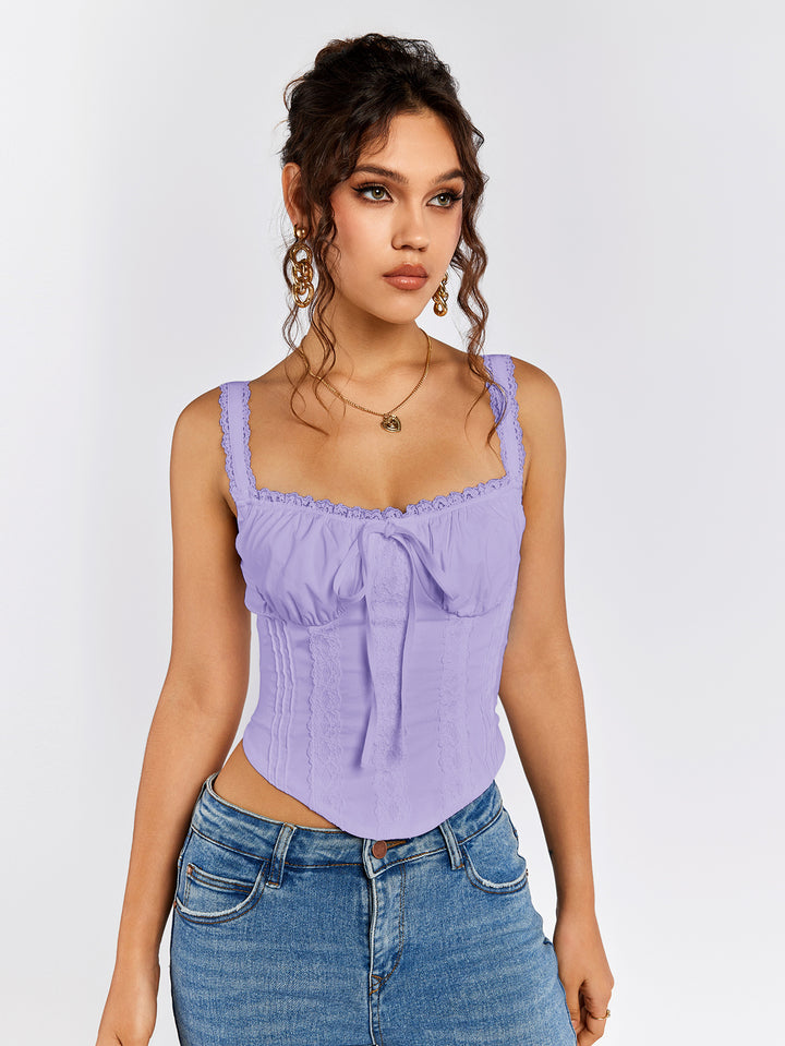 tie front lace trim ruched bust tank top#color_lilac