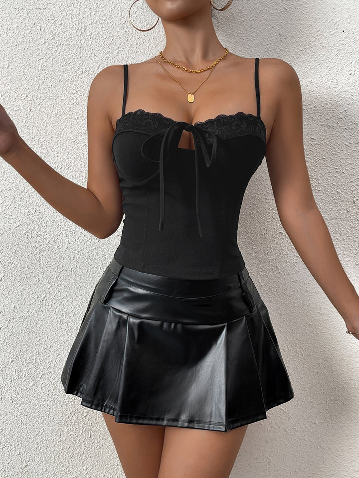 lace trim tie front bustier top#color_black