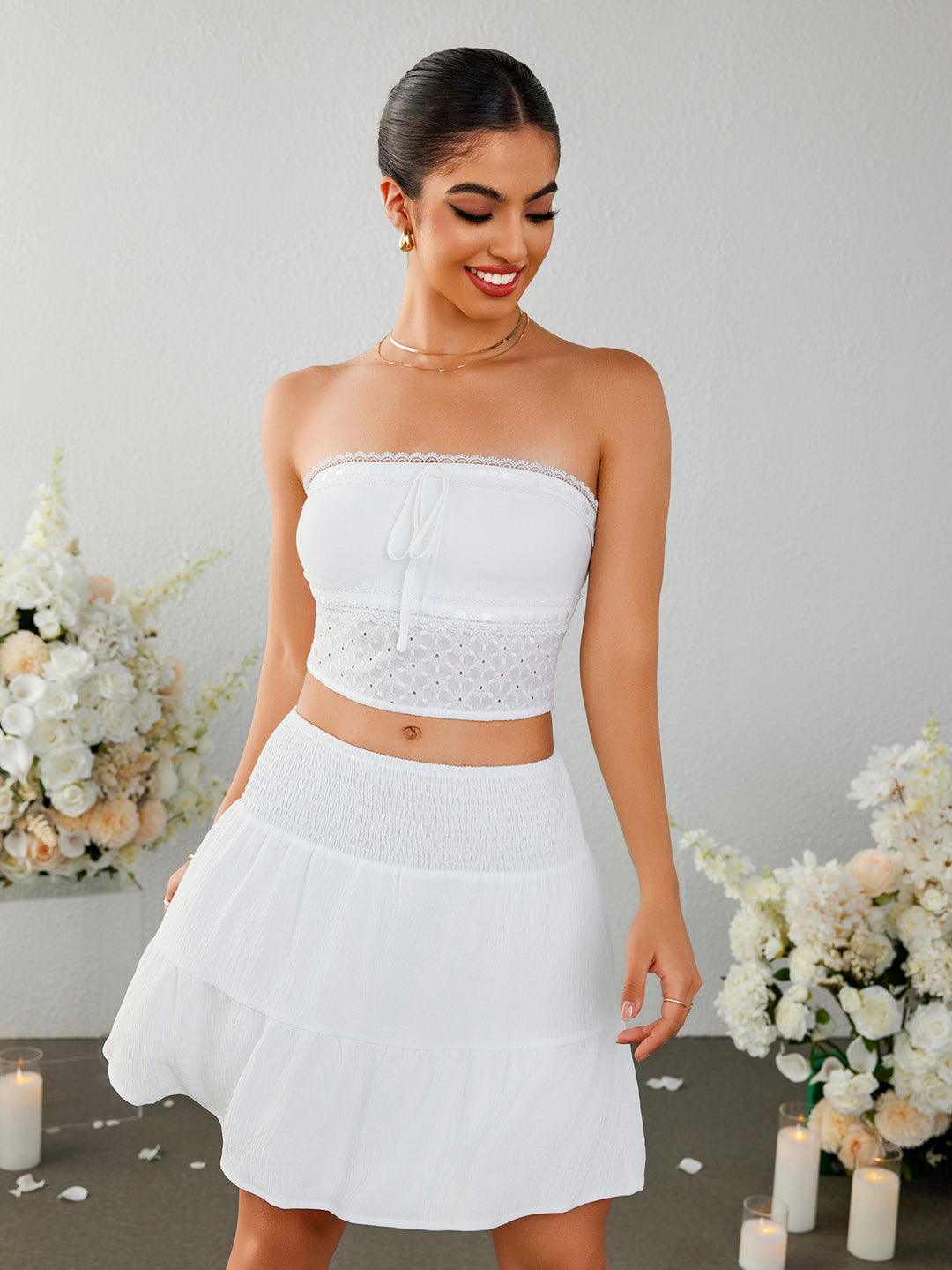 lace trim tie front ruffle tube top&ruffle flared hem skirt#color_white