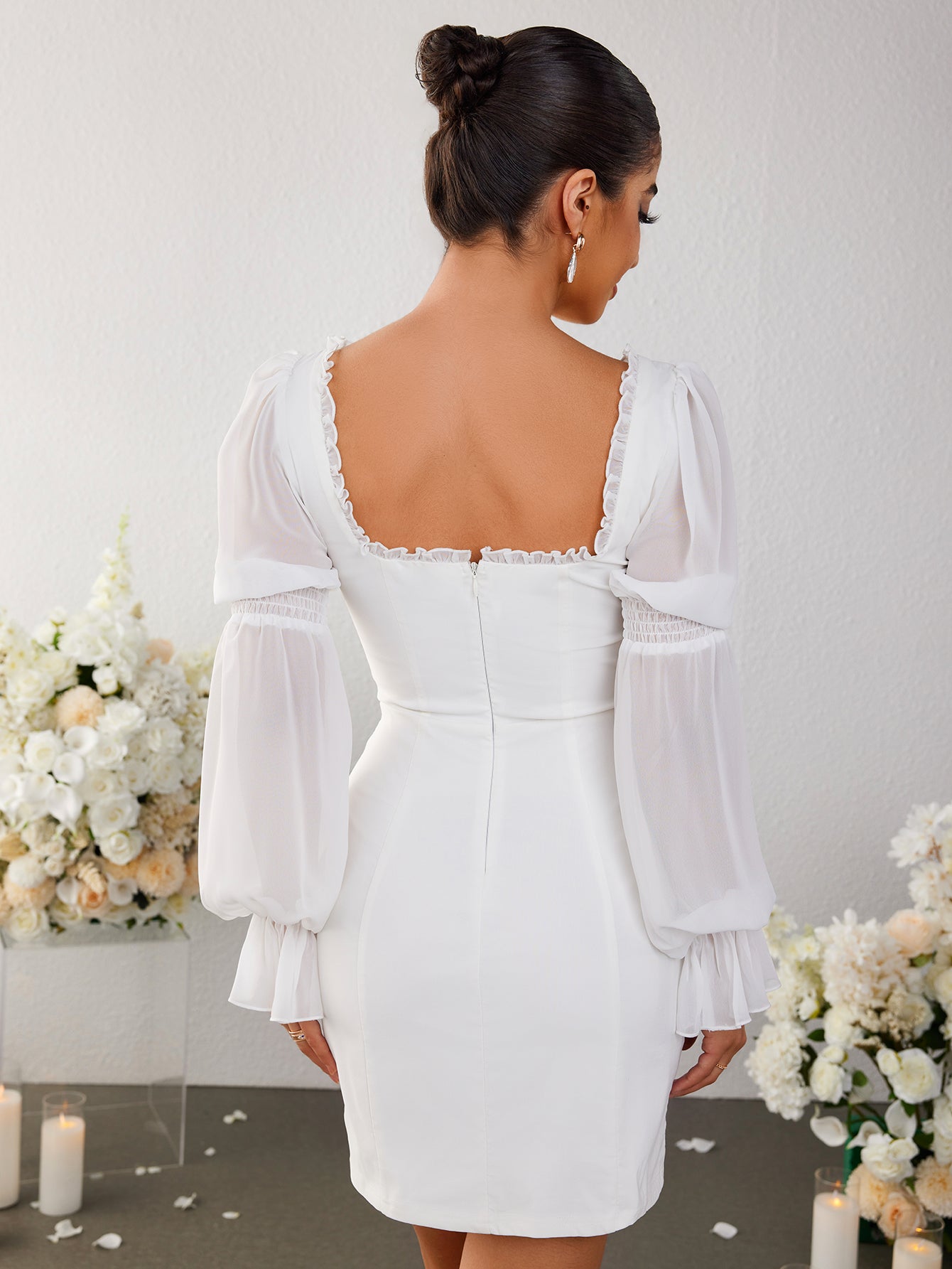 tie front lantern sleeve backless bodycon dress#color_white