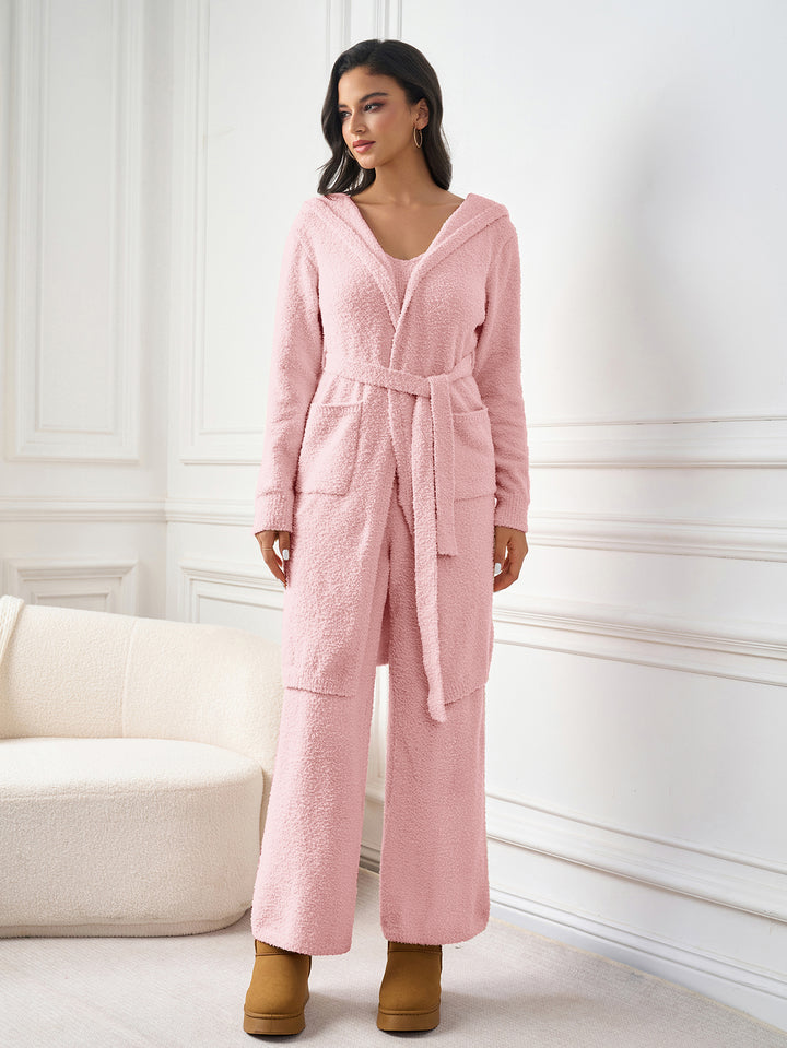 long sleeve belted pocket hood solid dress#color_pink