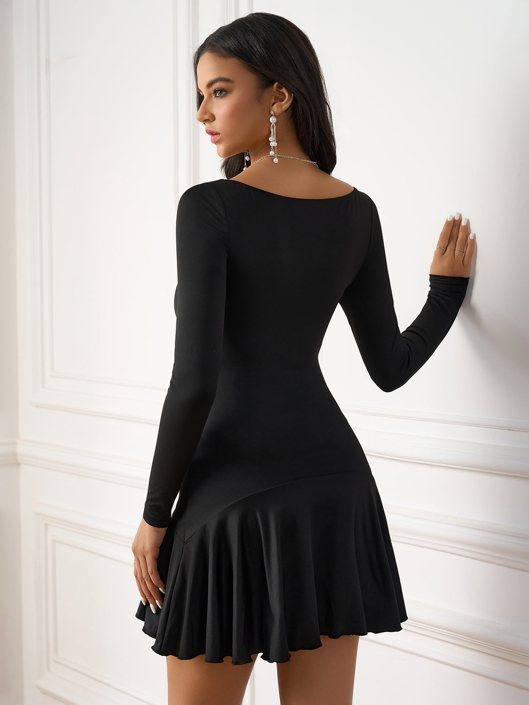 ruched long sleeve pleated hem midi dress#color_black