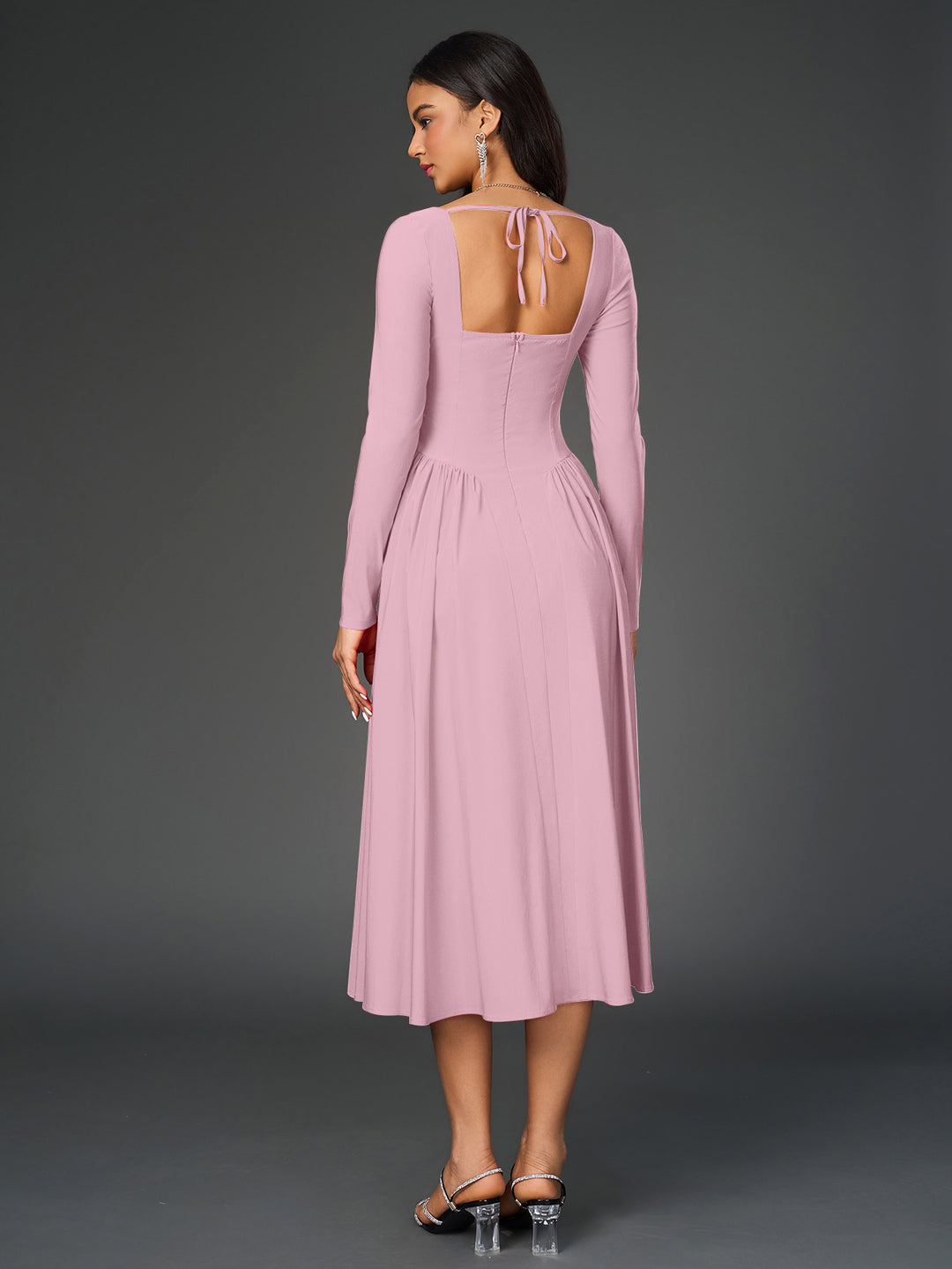 tie back long sleeve a-line dress#color_pink