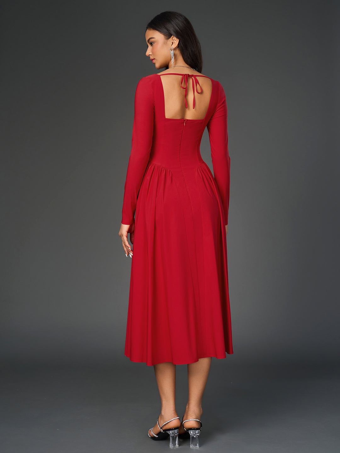 tie back long sleeve a-line dress#color_red